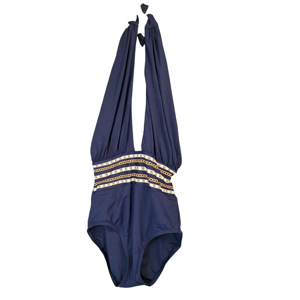 Michael‎ Kors One Piece Swimsuit Women 8 Navy Blue Halter Chain Print